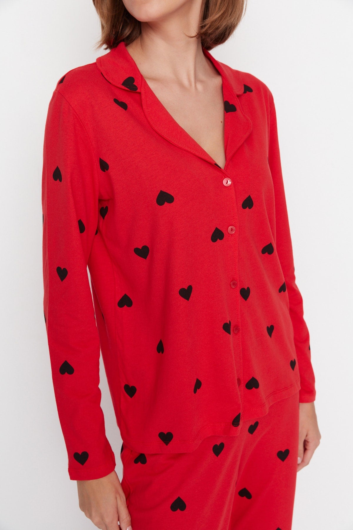 Trendyolmilla Kırmızı %100 Pamuklu Kalpli Örme Pijama Takımı THMAW21PT0548