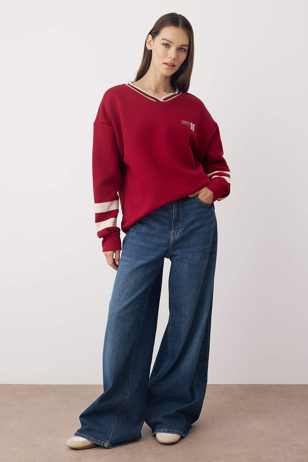 Teen Bordo Örme Slogan Renk Bloklu Oversize/Geniş Kalıp Sweatshirt TWOAW26SW00065