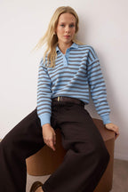 Trendyolmilla Açık Mavi Çizgili Polo Yaka Triko Kazak TWOAW22KZ0193