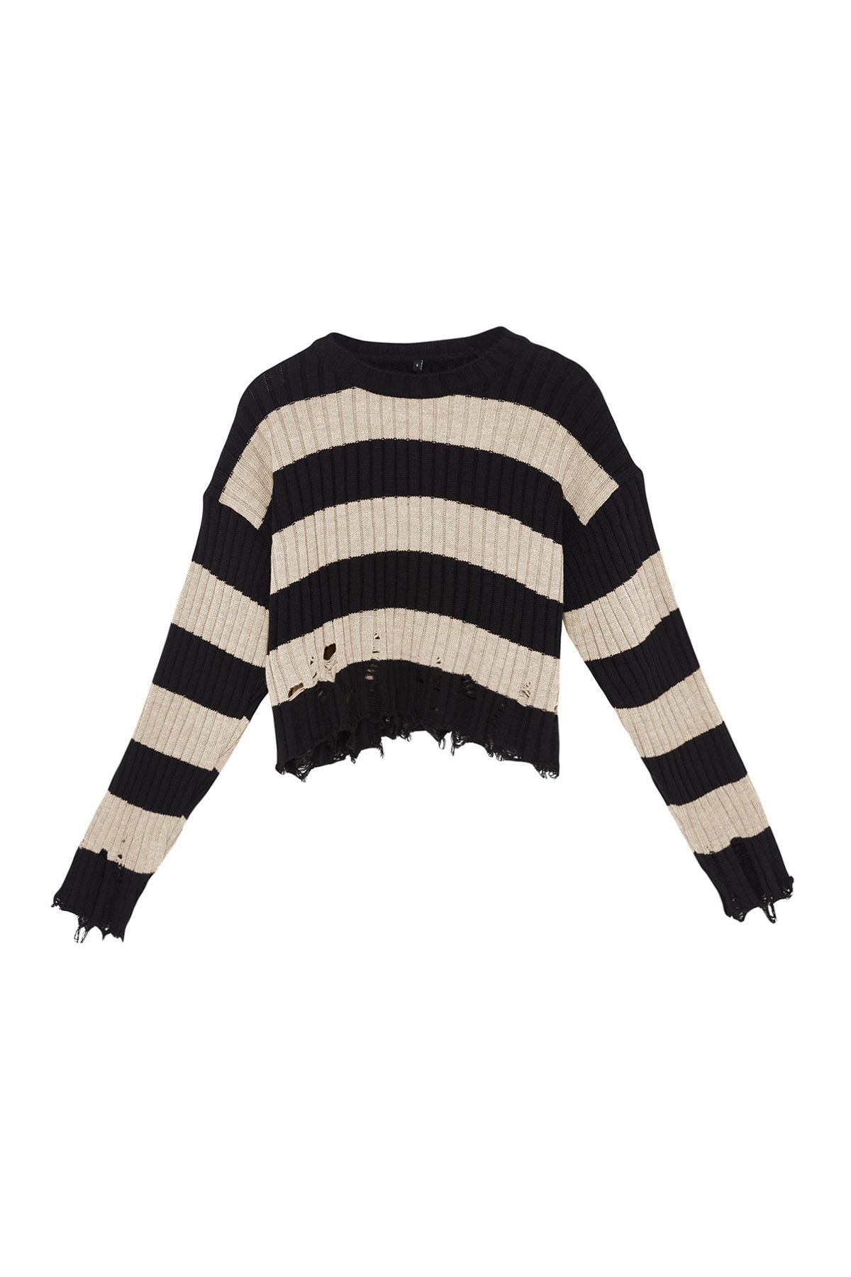 Trendyolmilla Siyah Crop Geniş Kalıp Çizgili Triko Kazak TWOAW24KZ00905