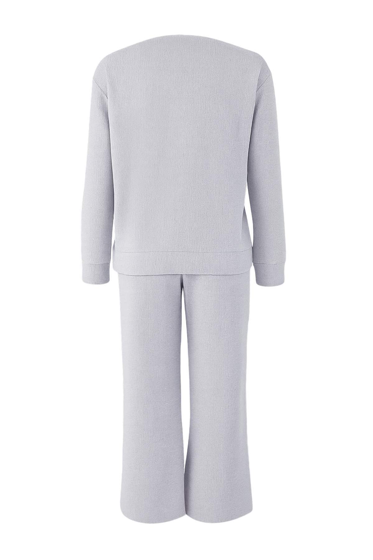 Gri Melanj Düğmeli Waffle Kumaş Örme Pijama Takımı THMAW26PT00000