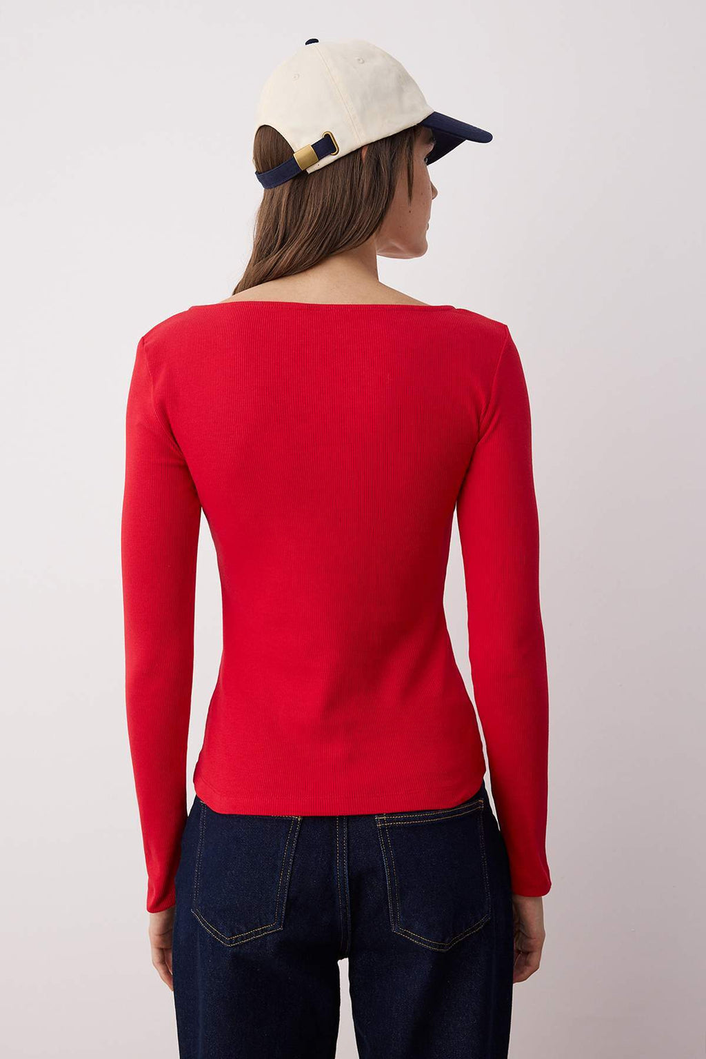 Trendyolmilla Kırmızı Düğmeli Bisiklet Yaka Vücuda Oturan Fitilli Esnek Örme Bluz TWOAW26BZ00104