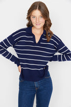 Lacivert Çizgili Polo Yaka Triko Kazak TWOAW22KZ0735