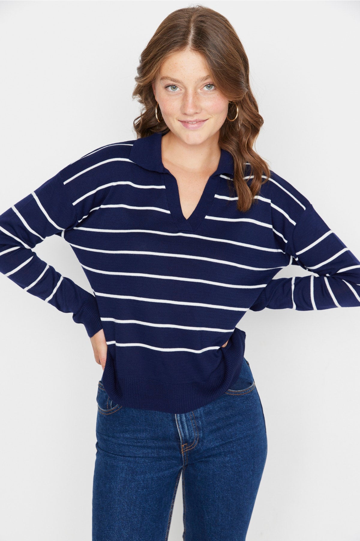 Lacivert Çizgili Polo Yaka Triko Kazak TWOAW22KZ0735