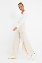 Trendyolmilla Taş Wide Leg/Geniş Paça Yanları Düğmeli Dokuma Kumaş Pantolon TWOSS20PL0398