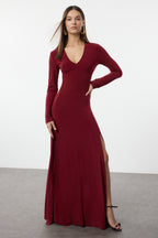 Trendyolmilla Limited Edition Kahverengi V Yaka Skater/Belden Açılan Esnek Maxi Örme Elbise TWOAW25EL00299