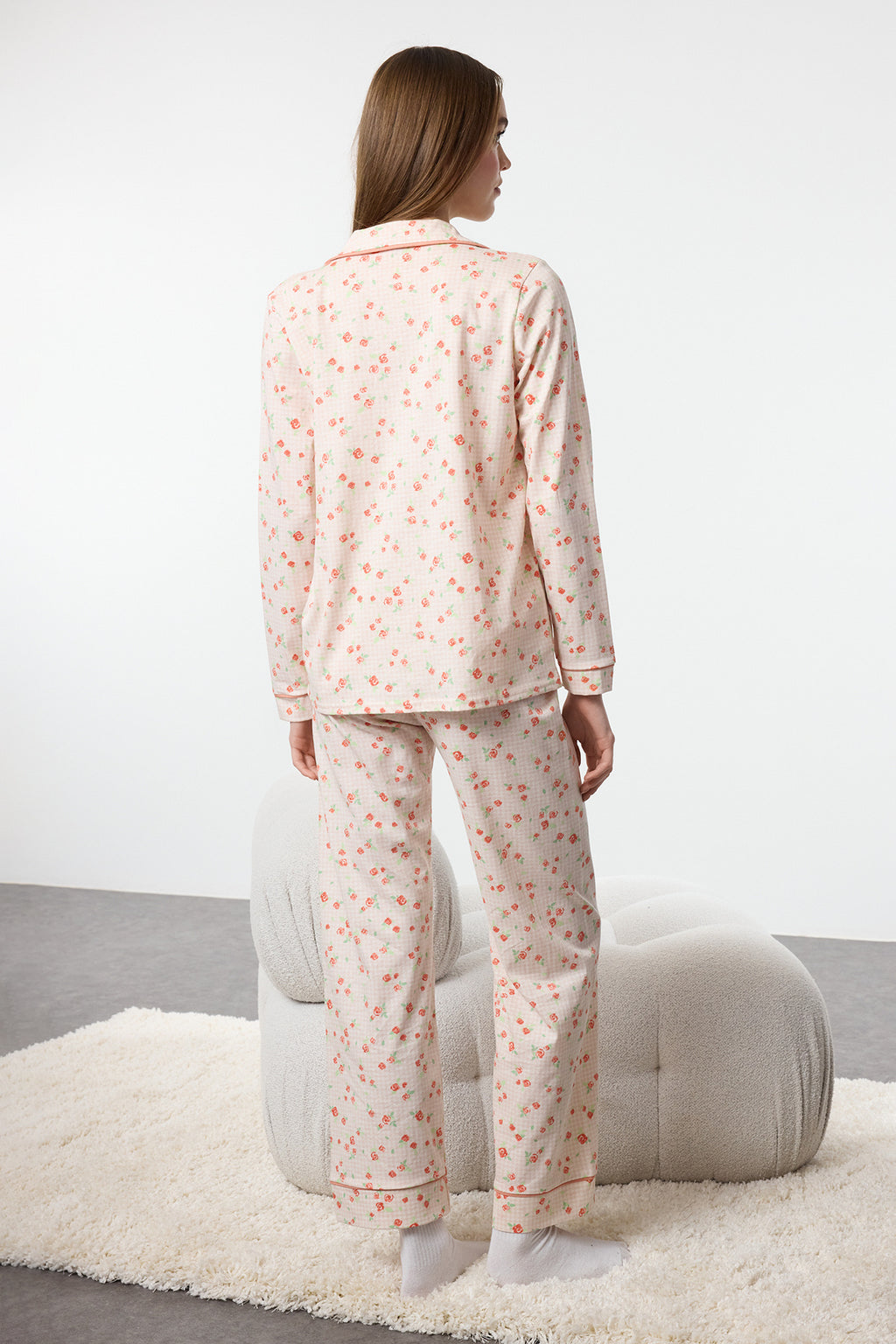 Trendyolmilla Pembe %100 Pamuklu Çiçekli Biyeli Örme Pijama Takımı THMAW25PT00202