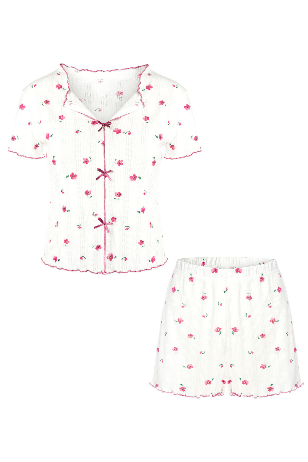 Trendyolmilla Beyaz %100 Pamuklu Çiçekli Kurdele/Fiyonklu Fitilli Şortlu Örme Pijama Takımı THMSS25PT00434