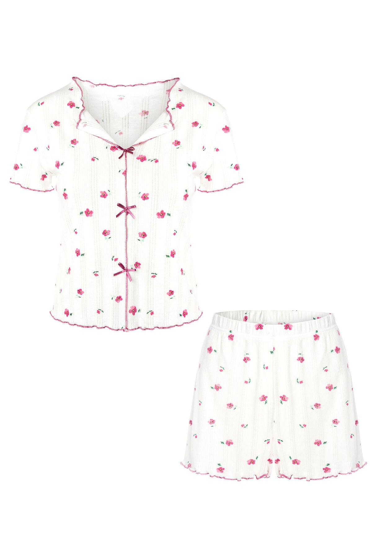 Trendyolmilla Beyaz %100 Pamuklu Çiçekli Kurdele/Fiyonklu Fitilli Şortlu Örme Pijama Takımı THMSS25PT00434
