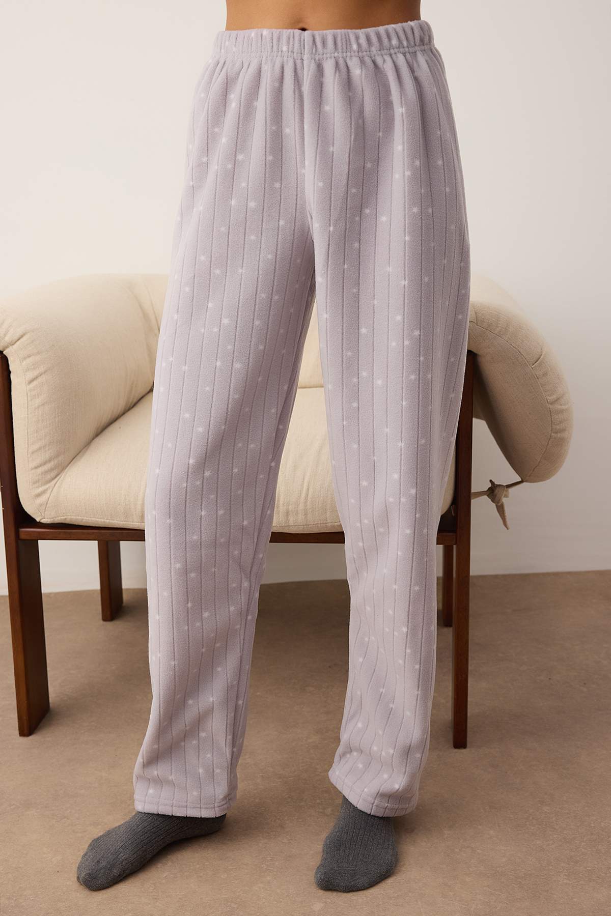 Gri Galaksi Desenli Kışlık Polar Örme Pijama Takımı THMAW26PT00190
