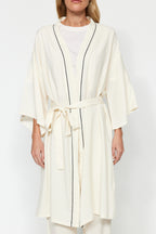 Bej 2'li Viskon Biyeli Dokuma Sabahlık-Pijama Altı THMAW24PT00074