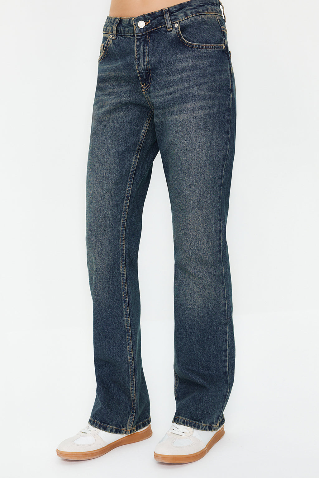 Koyu Mavi Düşük Bel Düz Kesim Straight %100 Pamuk Non-Stretch Jeans TWOSS24JE00100