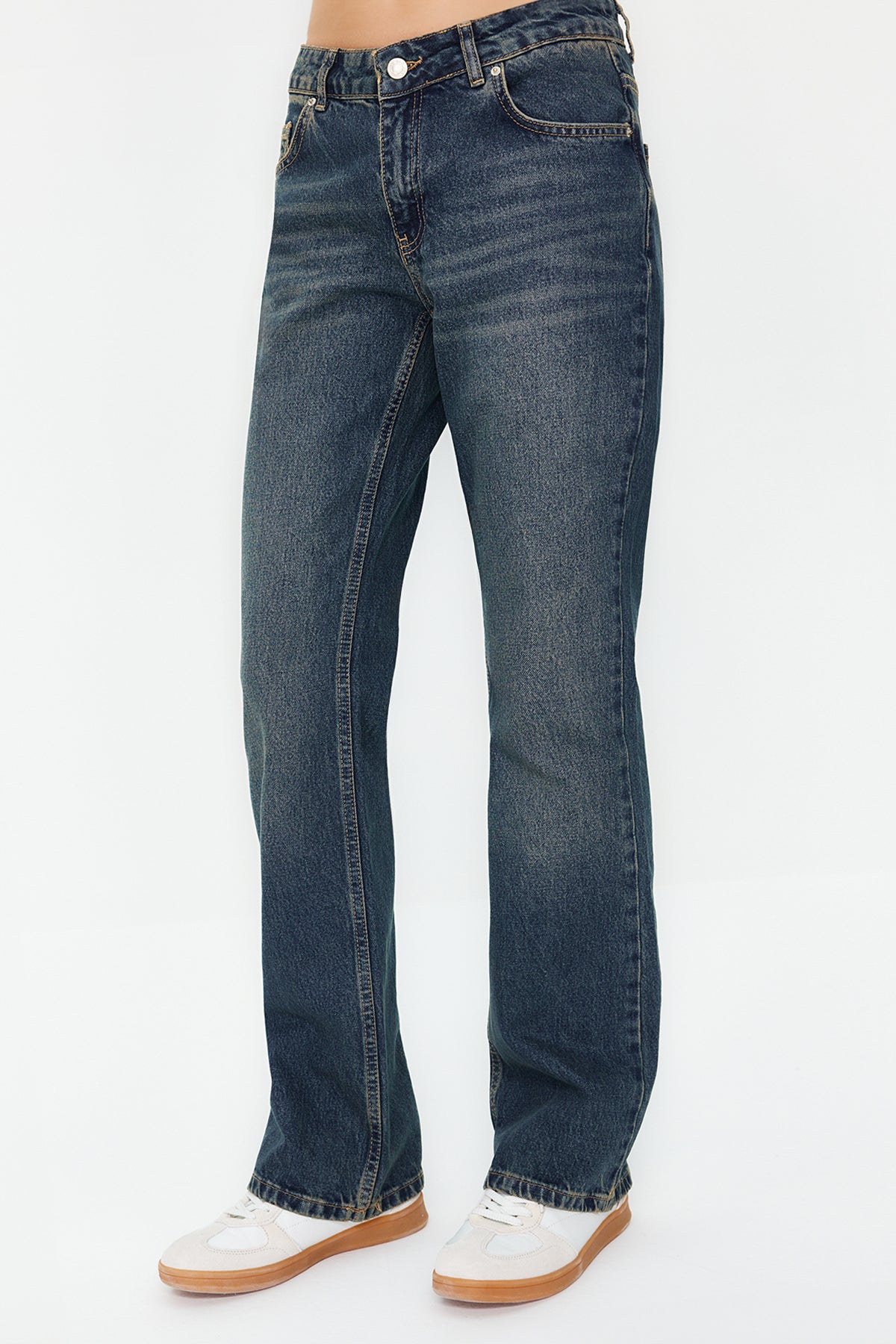 Koyu Mavi Düşük Bel Düz Kesim Straight %100 Pamuk Non-Stretch Jeans TWOSS24JE00100