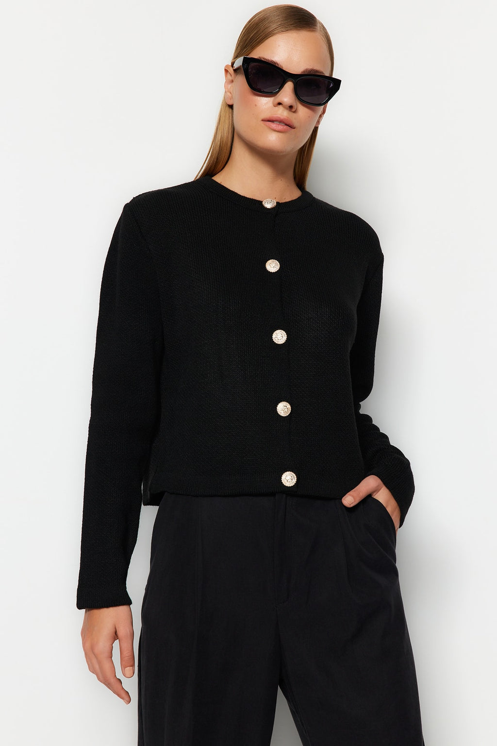 Trendyolmilla Siyah Basic Ceket Görünümlü Triko Hırka TWOAW24HI00090