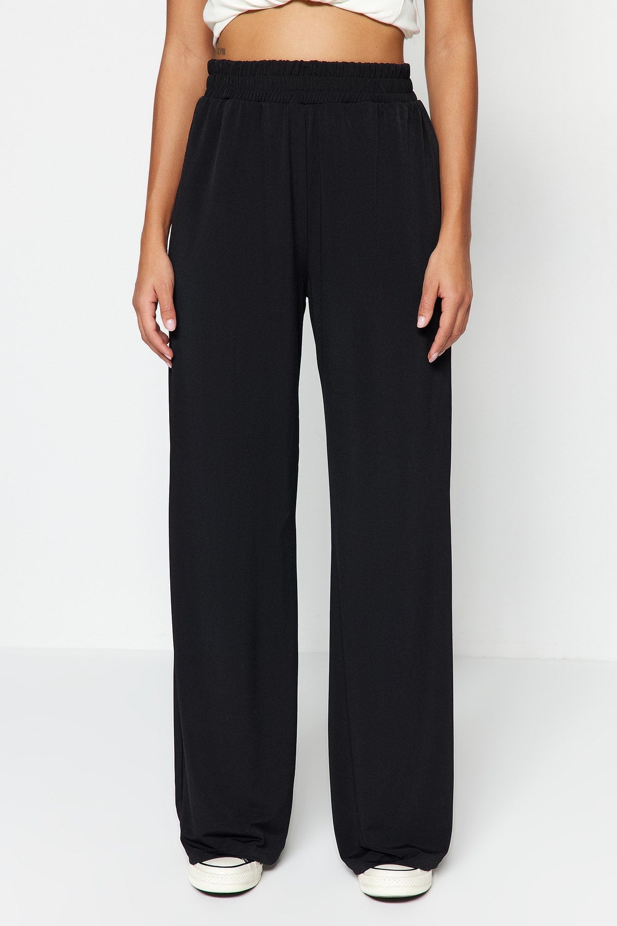 Trendyolmilla Lacivert Wide Leg/Rahat Kesim Yüksek Bel Esnek Pantolon TWOSS23PL00129