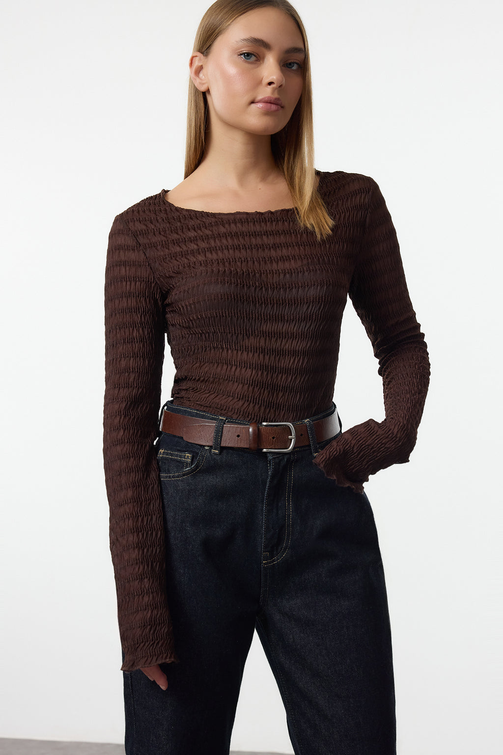 Trendyolmilla Bordo Fitted/Vücuda Oturan Dokulu Tül Esnek Örme Bluz TWOAW25BZ00207