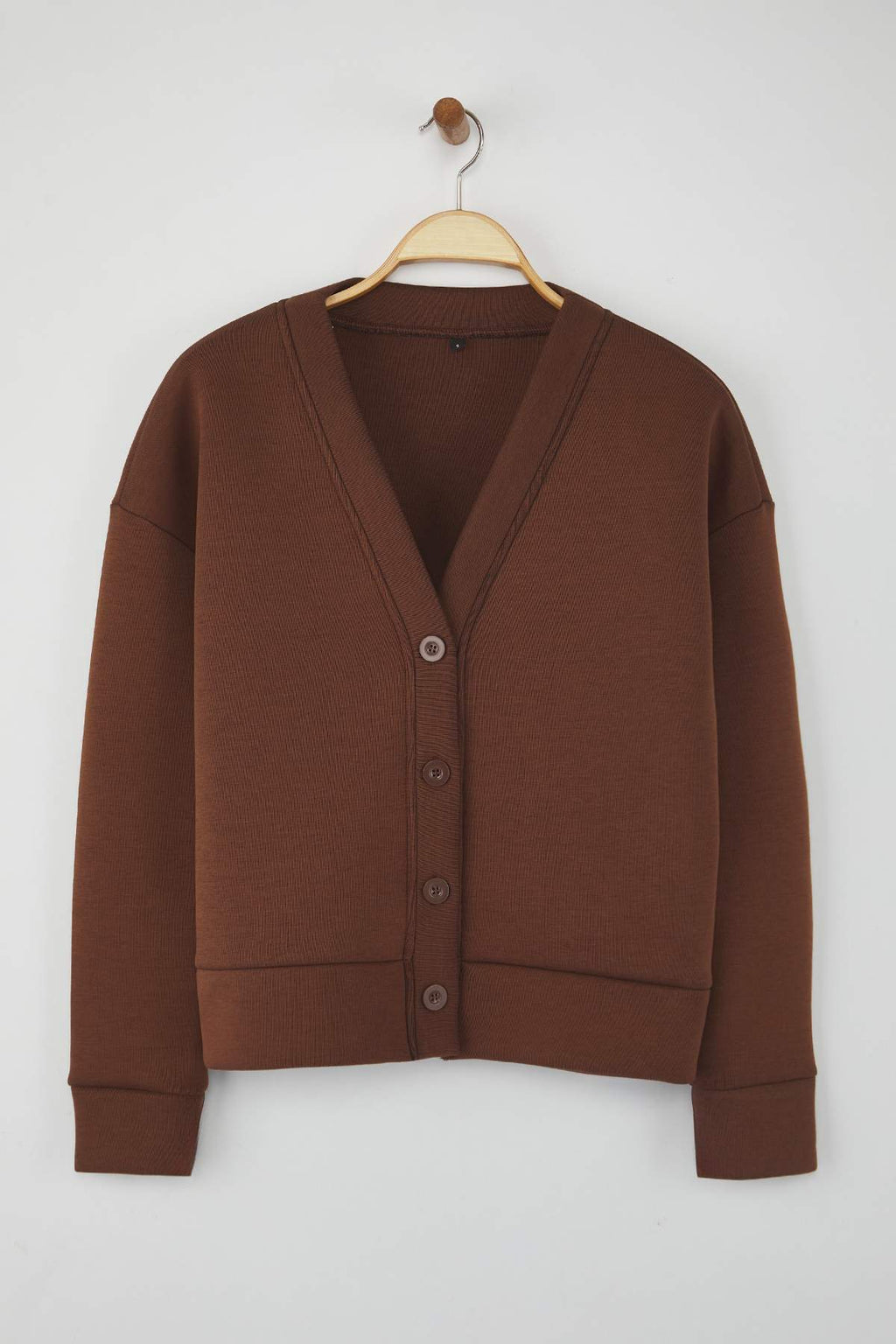 Kahverengi Oversize/Geniş Kalıp V yaka Full Düğme Kapama Kalın Esnek Örme Sweatshirt TWOAW26SW00013