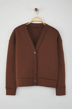 Kahverengi Oversize/Geniş Kalıp V yaka Full Düğme Kapama Kalın Esnek Örme Sweatshirt TWOAW26SW00013