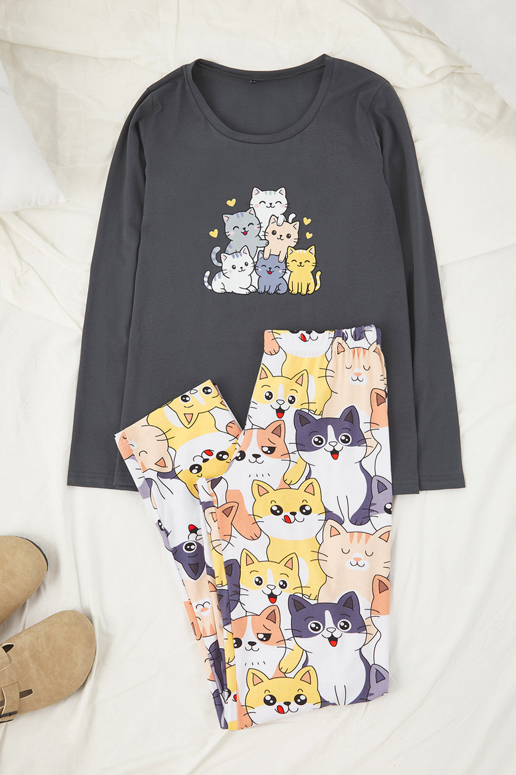 Antrasit Kedi Desenli Pamuklu Likralı Yumuşak Tuşe Örme Pijama Takımı THMAW26PT00167