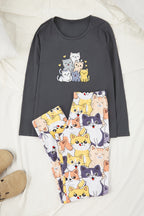 Antrasit Kedi Desenli Pamuklu Likralı Yumuşak Tuşe Örme Pijama Takımı THMAW26PT00167