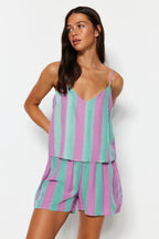 Trendyolmilla Çok Renkli Çizgili İp Askılı Viskon Şortlu Dokuma Pijama Takımı THMSS23PT00225