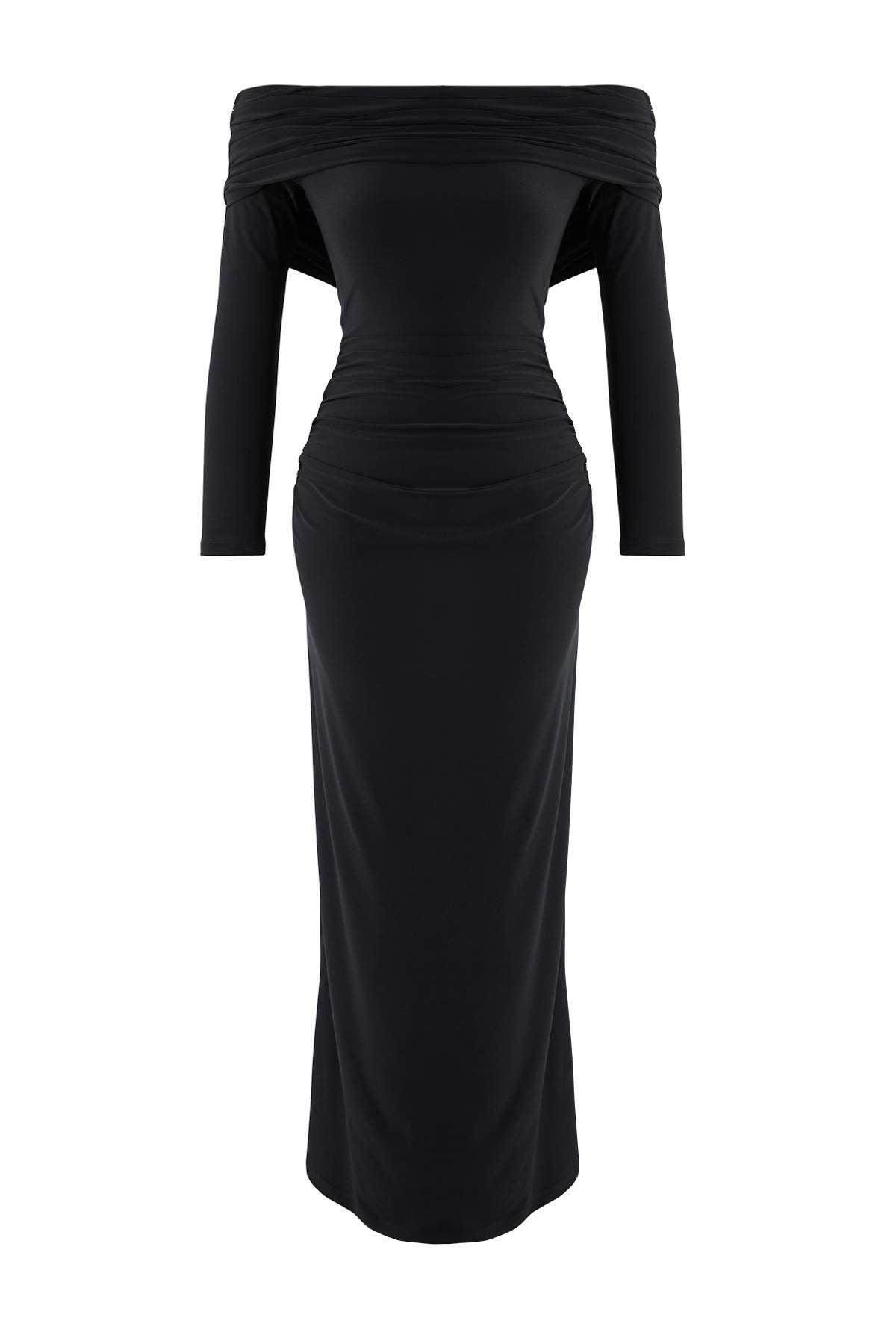 Trendyolmilla Limited Edition Siyah Büzgülü Carmen Yaka Esnek Maxi Örme Elbise TWOAW26EL00112