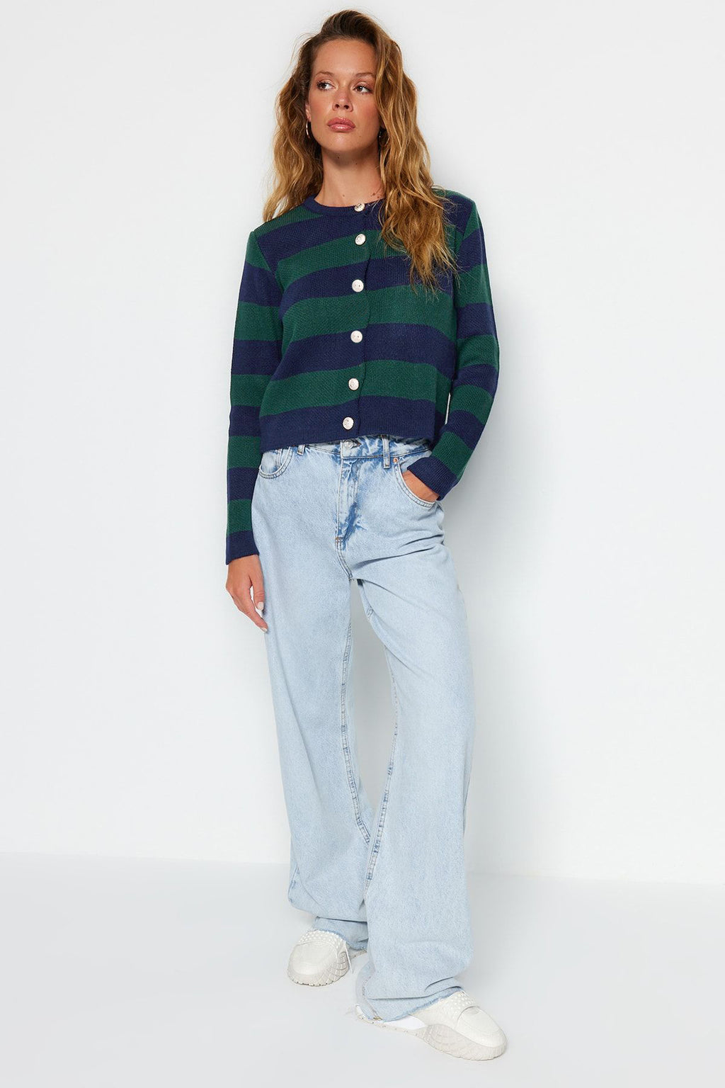 Trendyolmilla Indigo Çizgili Basic Ceket Görünümlü Triko Hırka TWOAW24HI00091