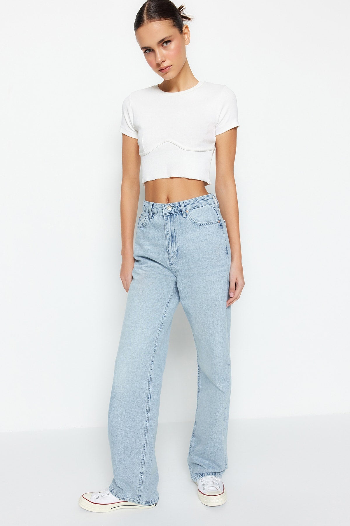 Trendyolmilla Lacivert Yüksek Bel Wide Leg Geniş Paça %100 Pamuk Non-Stretch Jeans TWOSS22JE0242