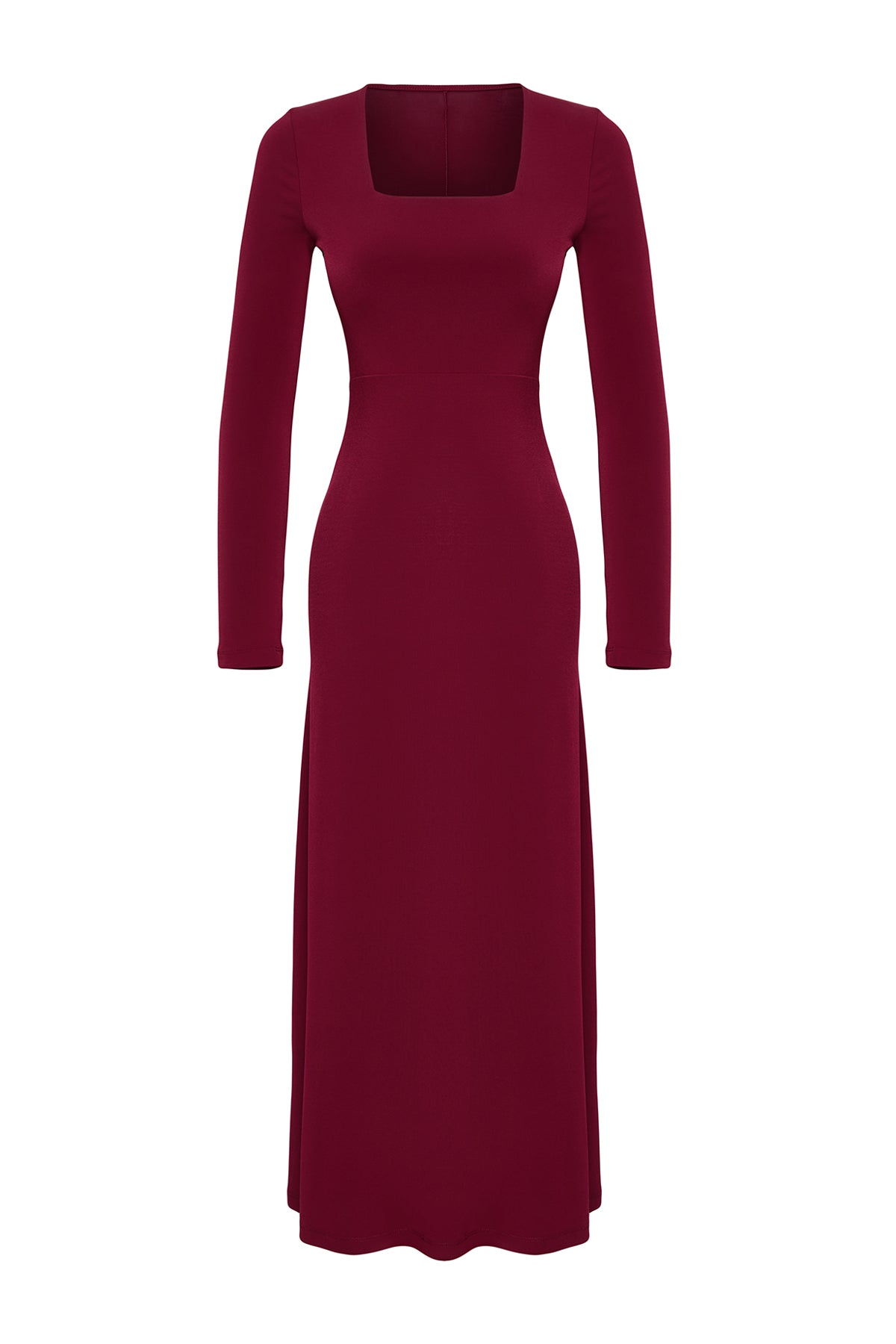 Trendyolmilla Bordo Maxi Volanlı Kare Yaka Fitted/Vücuda Oturan Maxi Esnek Örme Elbise TWOAW24EL00613