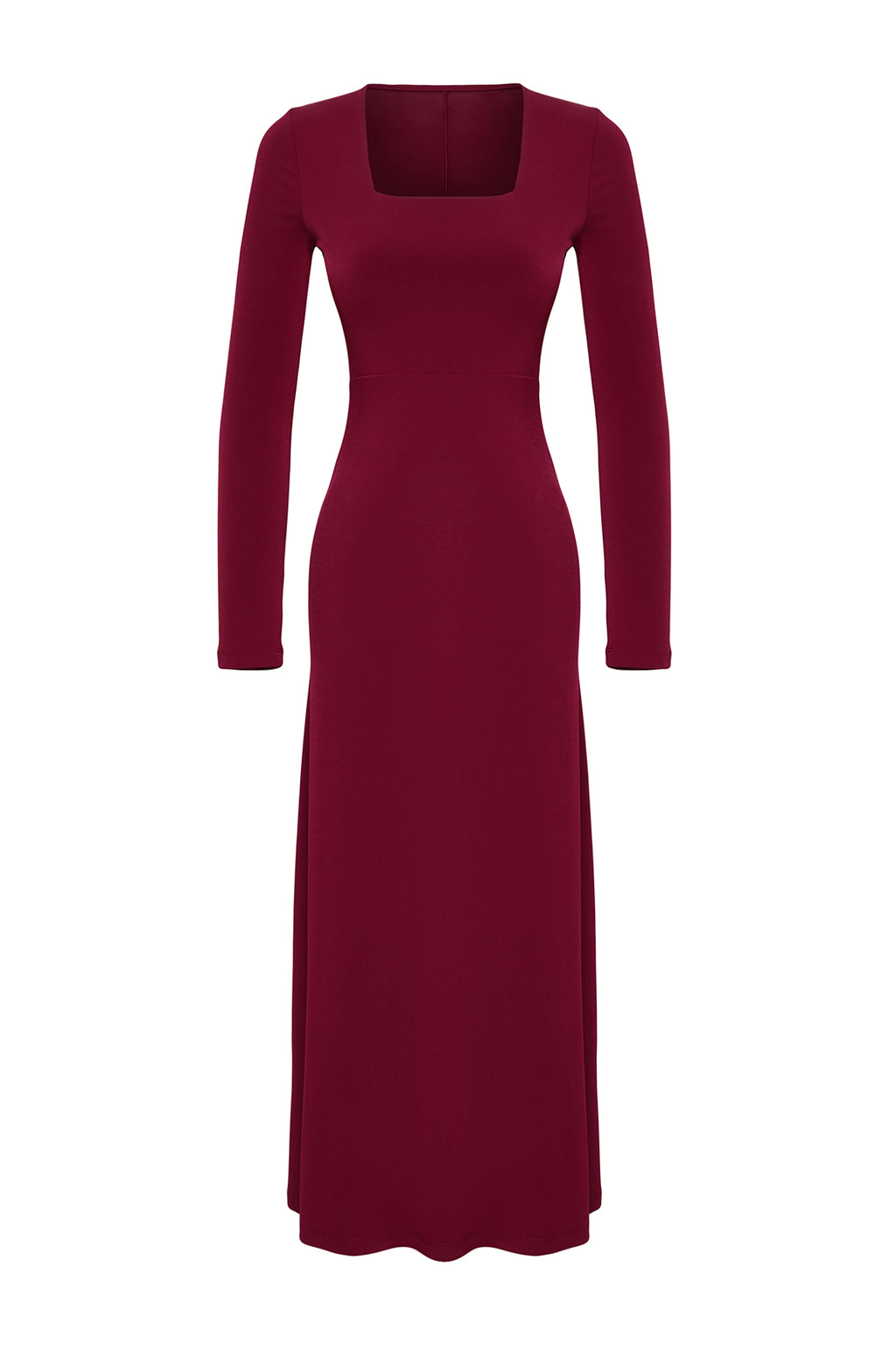 Trendyolmilla Bordo Maxi Volanlı Kare Yaka Fitted/Vücuda Oturan Maxi Esnek Örme Elbise TWOAW24EL00613