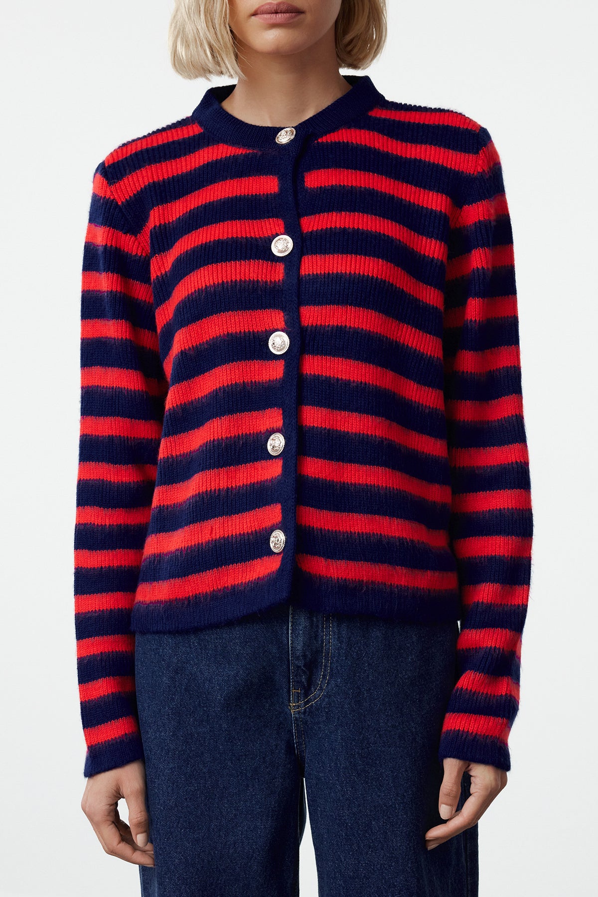 Trendyolmilla Lacivert Yumuşak Dokulu Çizgili Fitted Triko Hırka TWOAW24HI00040