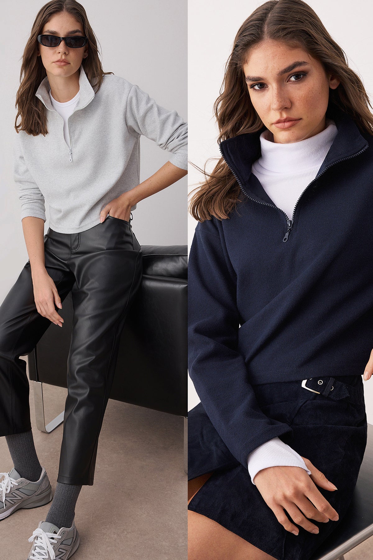 Lacivert-Gri 2'Li Paket Selanik Regular/Normal Kalıp Fermuarlı Yaka Örme Sweatshirt TWOAW25SW00120