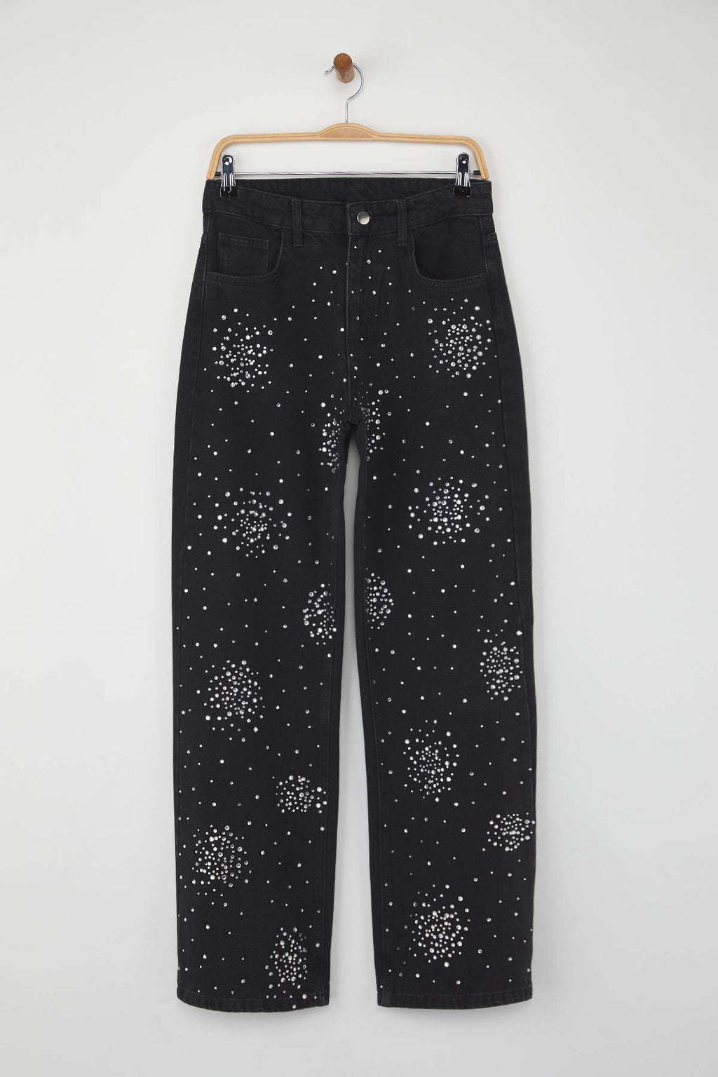 Siyah Yüksek Bel Taş Detaylı Geniş Paça Wide Leg Jeans TWOAW26JE00116