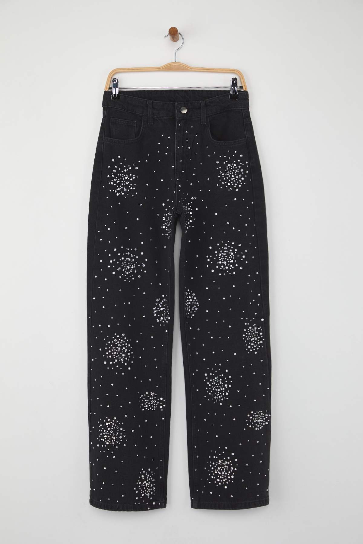Siyah Yüksek Bel Taş Detaylı Geniş Paça Wide Leg Jeans TWOAW26JE00116