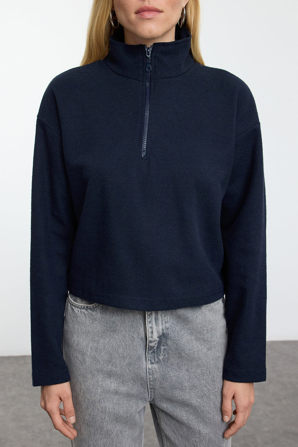Lacivert-Gri 2'Li Paket Selanik Regular/Normal Kalıp Fermuarlı Yaka Örme Sweatshirt TWOAW25SW00120