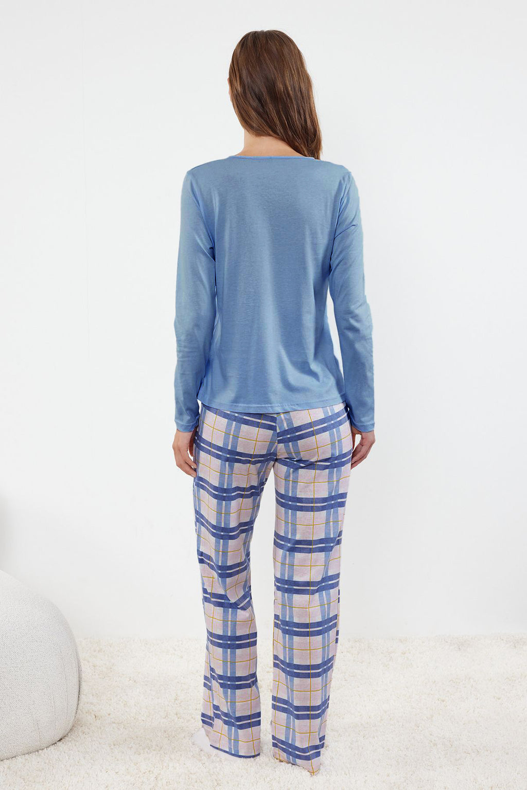 Mavi %100 Pamuklu Ekoseli Bağlama ve Düğme Detaylı Örme Pijama Takımı THMAW25PT00004