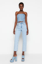 Trendyolmilla Mavi Yüksek Bel Düz Kesim Straight %100 Pamuk Non-Stretch Jeans TWOSS23JE00089
