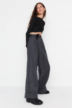 Trendyolmilla Siyah Wide Leg/Geniş Paça Yüksek Bel Dokuma  Pantolon TWOAW23PL00302