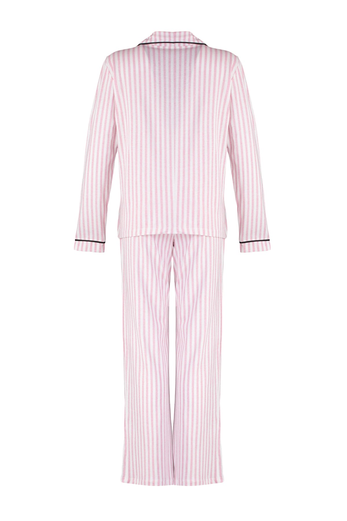 Trendyolmilla Pudra %100 Pamuklu Çizgili Biye Detaylı Örme Pijama Takımı THMAW21PT0614