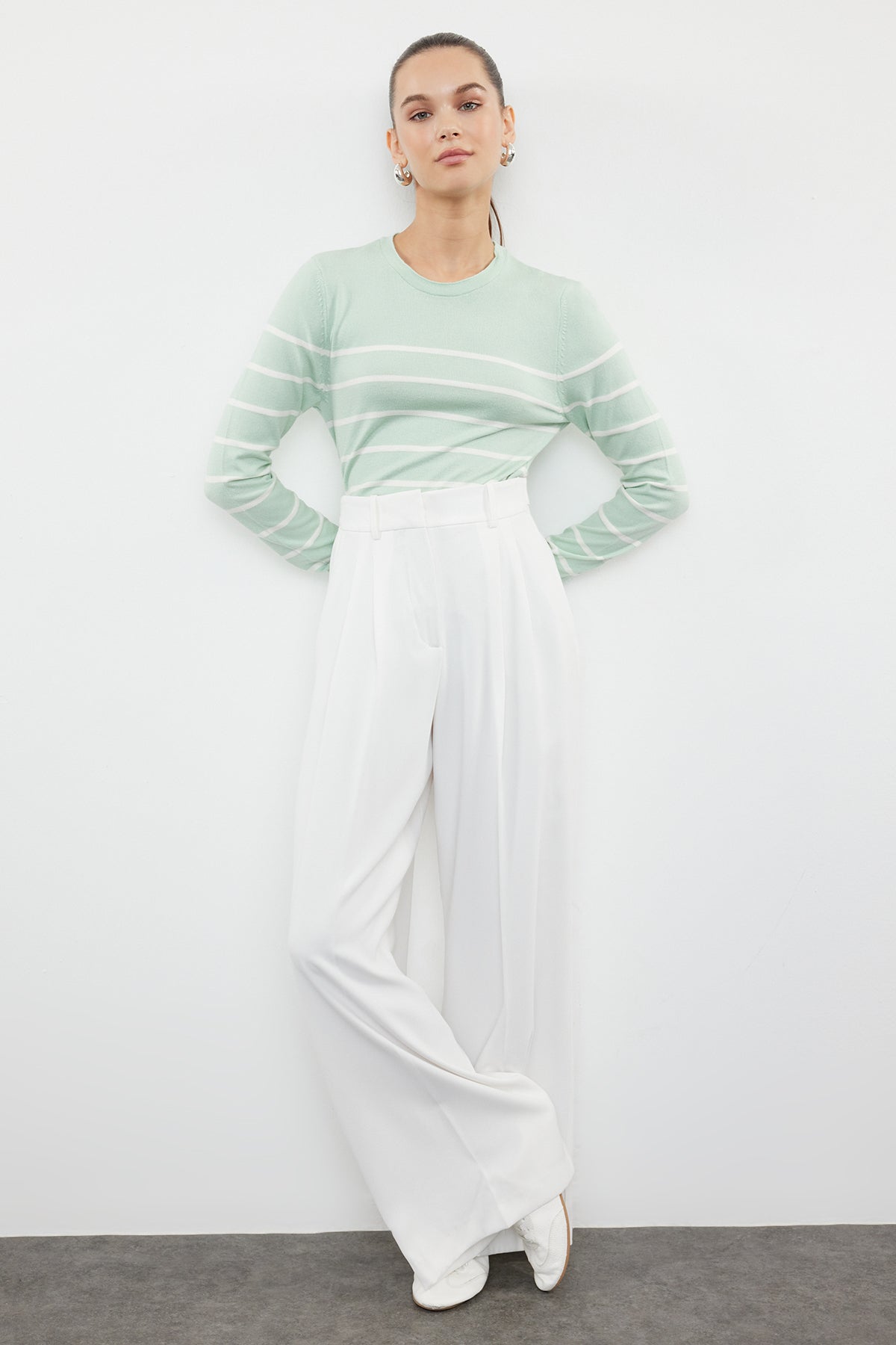 Trendyolmilla Mint Merserize Görünümlü Premium İplik / Özel İplik Çizgili Triko Kazak TWOAW23KZ01693