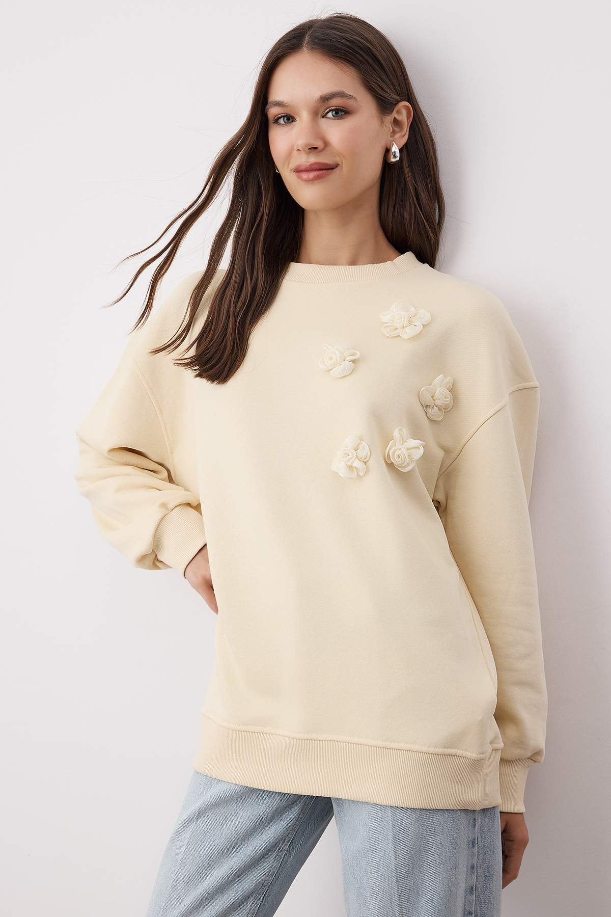 Taş Kalın Şardonsuz Aksesuar Çiçek Detaylı Oversize/Geniş Kesim Örme Sweatshirt TWOAW26SW00004 Main image