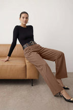 Vizon Çift Kemer Detaylı Wide Leg/Geniş Paça Pantolon TWOAW26PL00013