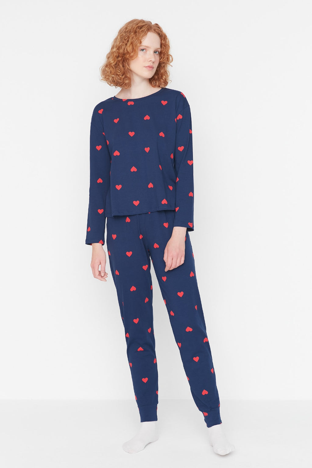 Trendyolmilla Kadın Mini Me/Anne Kız Pembe %100 Pamuklu Kalpli Örme Pijama Takımı THMAW21PT0566