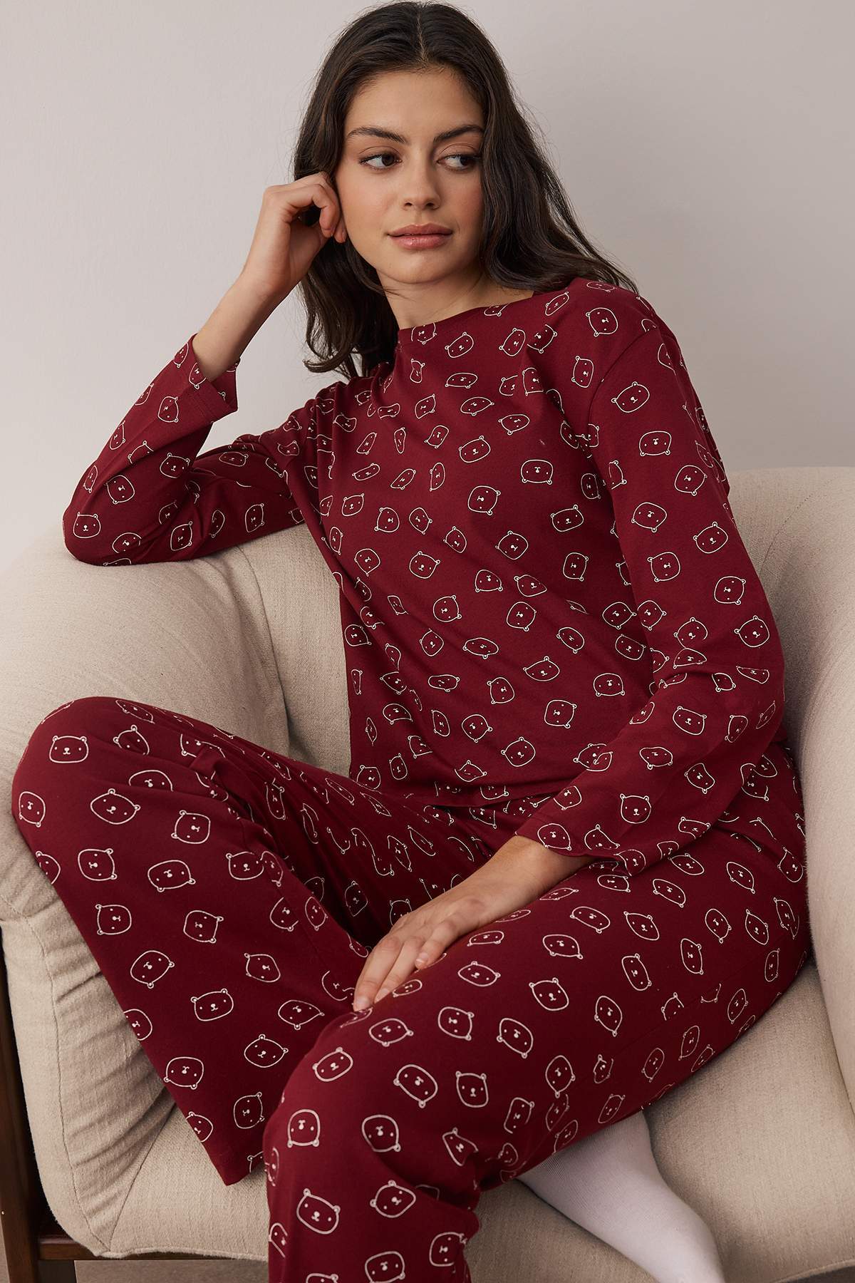 Trendyolmilla Bordo %100 Pamuklu Ayıcıklı Örme Pijama Takımı THMAW25PT00131 Secondary image
