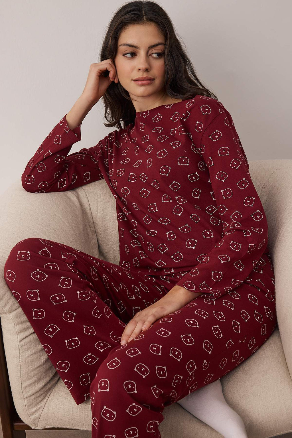 Trendyolmilla Bordo %100 Pamuklu Ayıcıklı Örme Pijama Takımı THMAW25PT00131