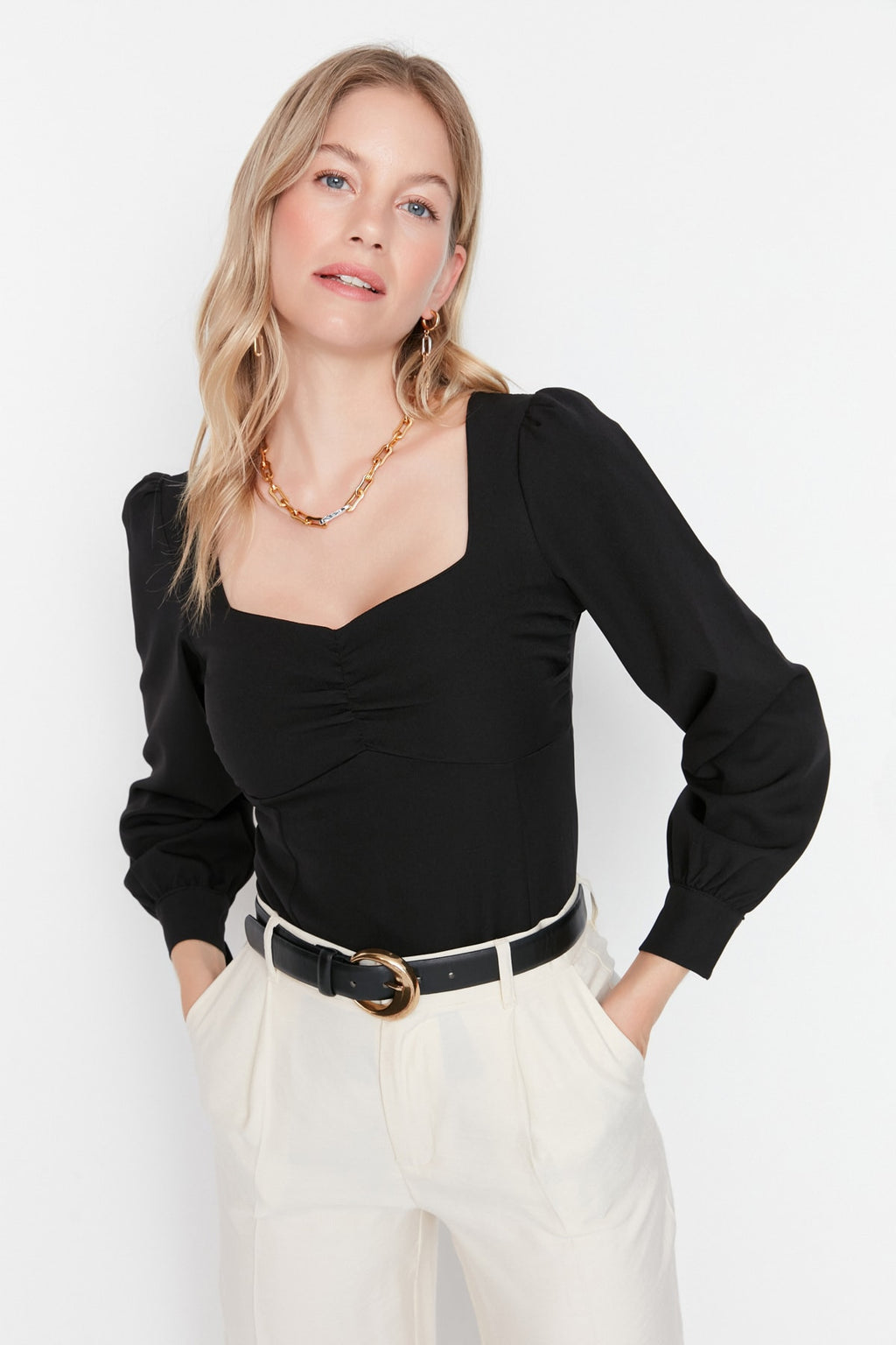 Trendyolmilla Haki Büzgü Detaylı Dokuma Bluz TWOAW23BZ00633 B