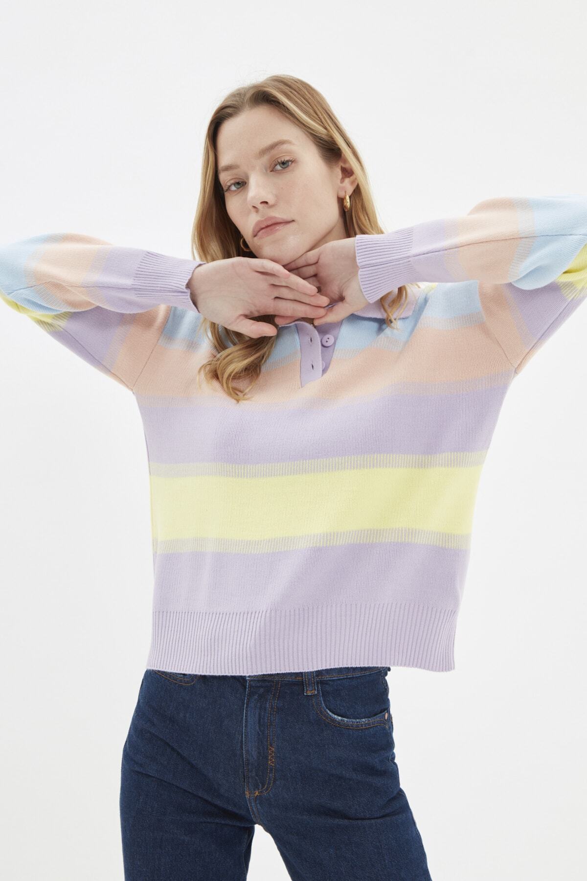 Trendyolmilla Açık Mavi Çizgili Polo Yaka Triko Kazak TWOAW22KZ0193