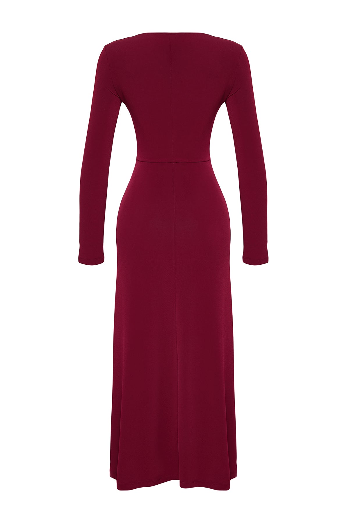 Trendyolmilla Bordo Maxi Volanlı Kare Yaka Fitted/Vücuda Oturan Maxi Esnek Örme Elbise TWOAW24EL00613
