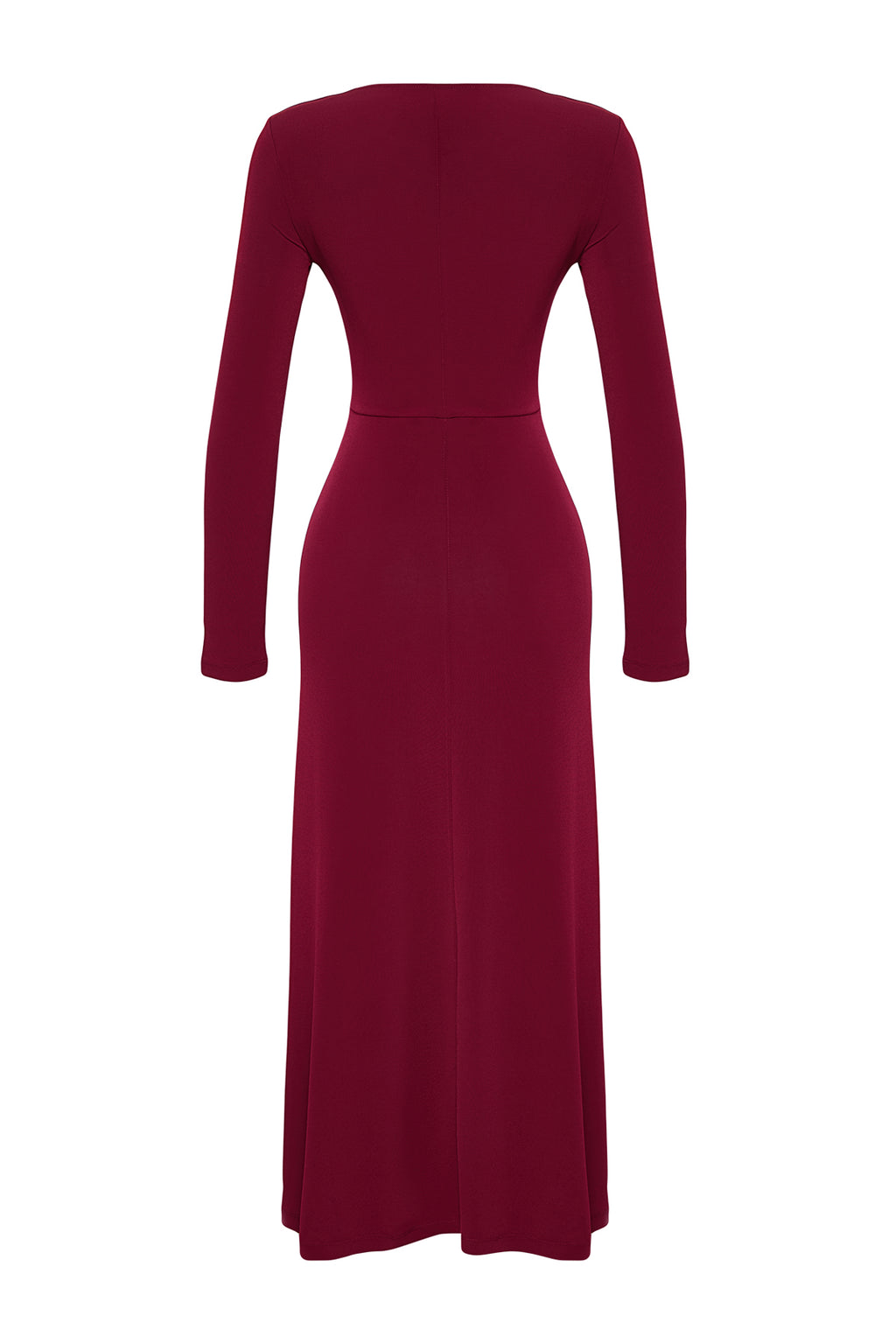 Trendyolmilla Bordo Maxi Volanlı Kare Yaka Fitted/Vücuda Oturan Maxi Esnek Örme Elbise TWOAW24EL00613