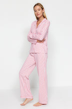 Trendyolmilla Mavi %100 Pamuklu Çizgili Gömlek-Pantolon Örme Pijama Takımı THMAW24PT00144